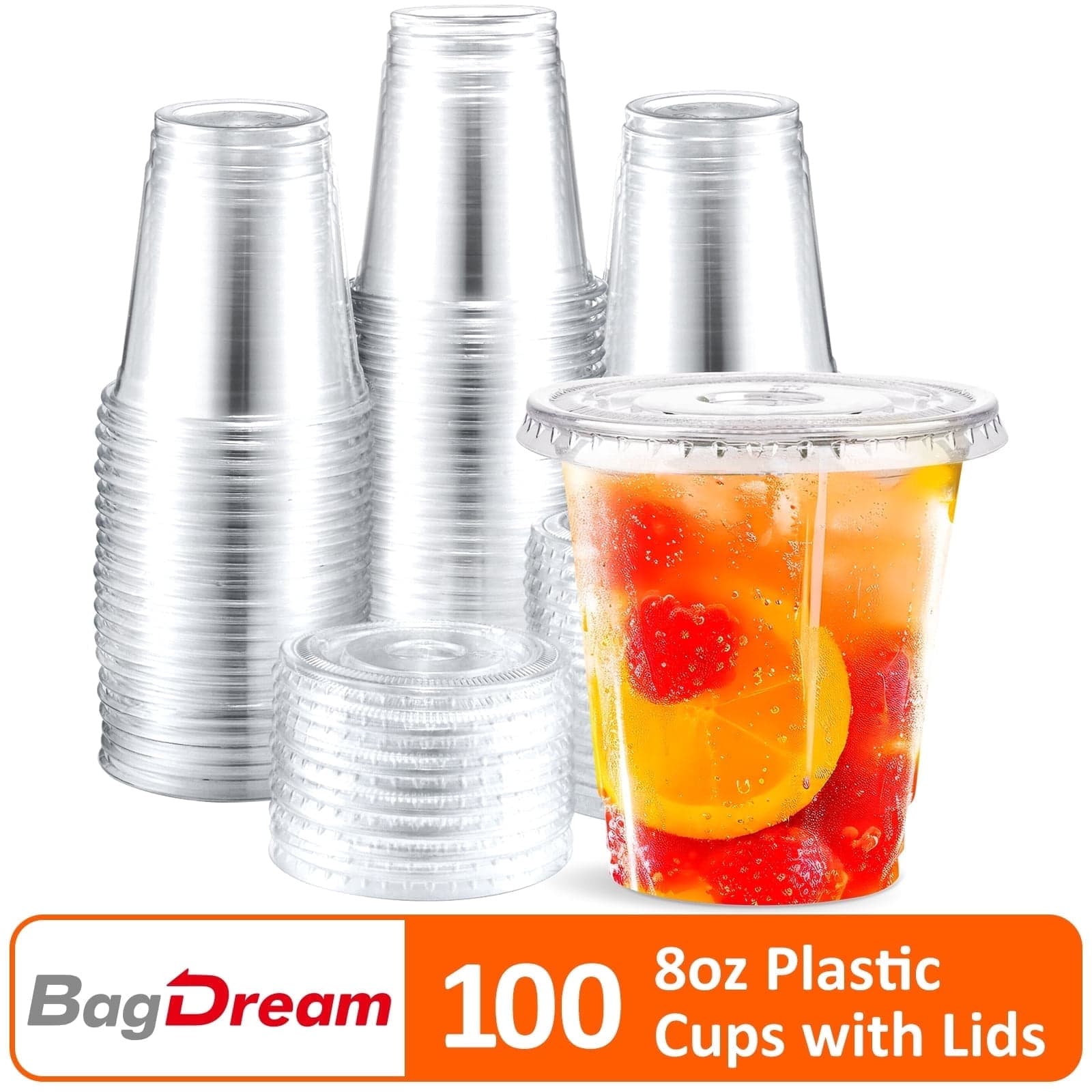 BagDream BagDream 8 oz Clear Plastic Cups with Flat Lids, 100 Pack Disposable Iced Coffee Cups for Smoothie, Milkshake, Iced Coffee, Cold Drinks, Party — ITEM_ID 1024081543