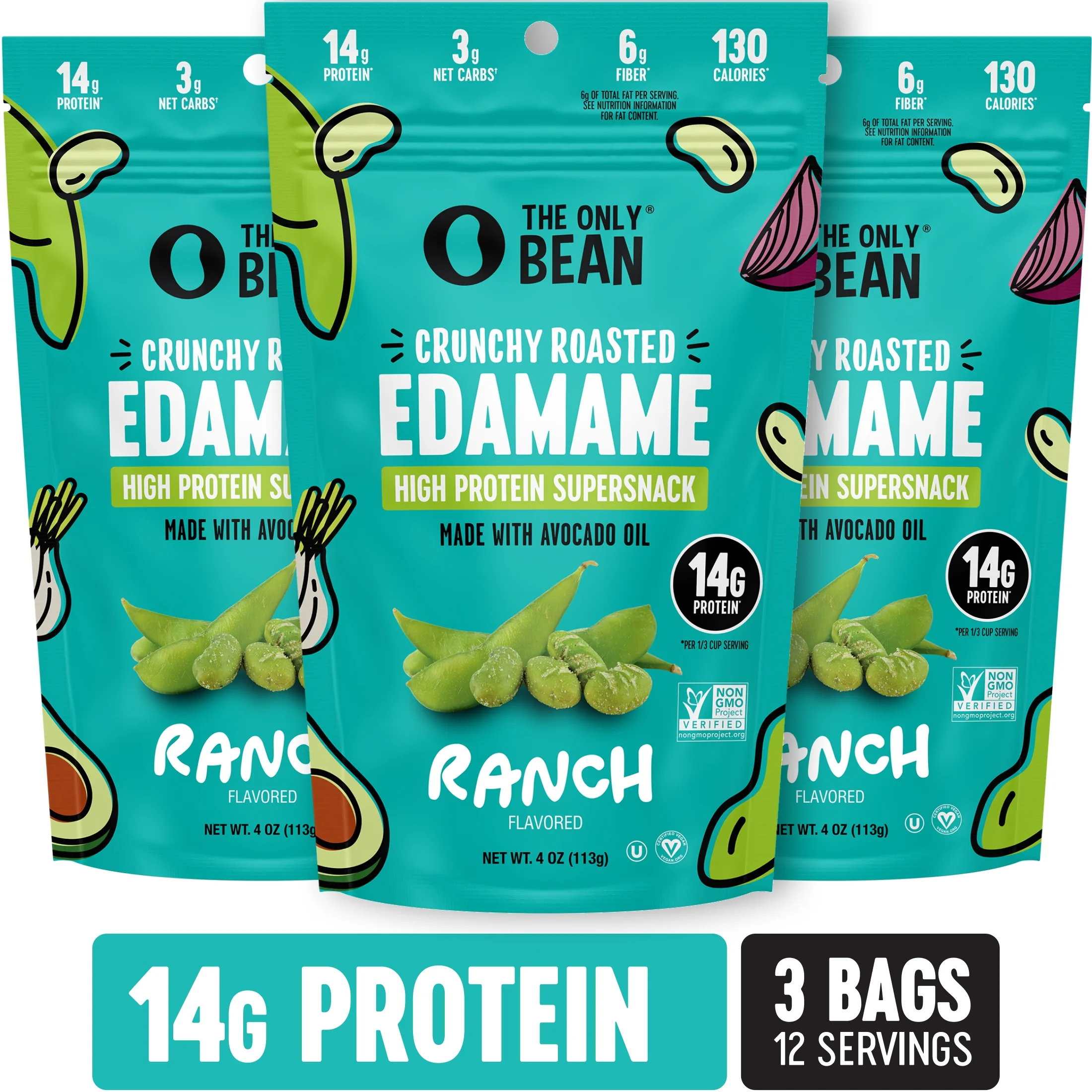 The Only Bean The Only Bean Edamame Dry Roasted Low Carb Snacks (Ranch), Vegan Gluten Free Snacks, Healthy Snacks for Kids and Adults, High Protein Snacks, Keto Snacks, Diabetic Snacks, 4oz Pack of 3 — ITEM_ID 16233612578