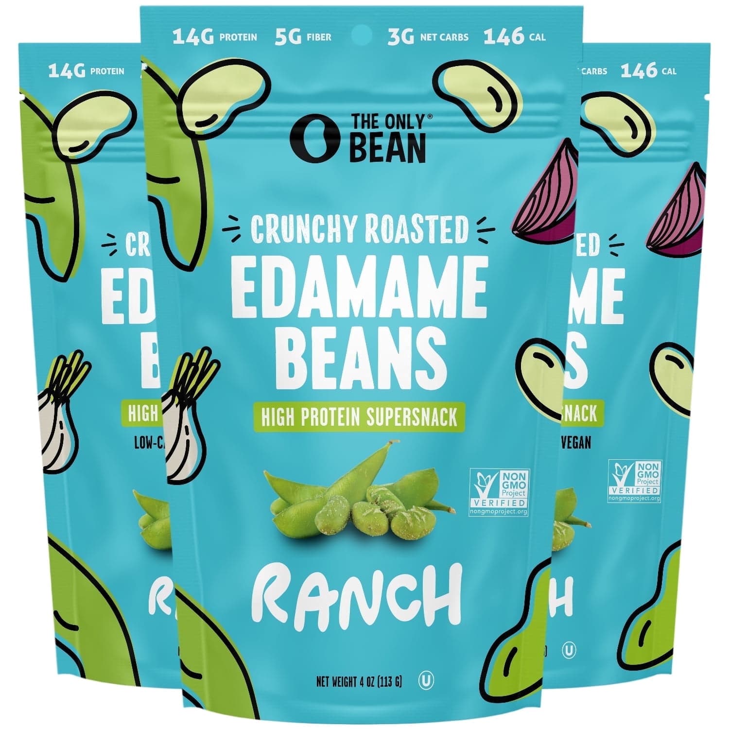 The Only Bean The Only Bean Edamame Dry Roasted Low Carb Snacks (Ranch), Vegan Gluten Free Snacks, Healthy Snacks for Kids and Adults, High Protein Snacks, Keto Snacks, Diabetic Snacks, 4oz Pack of 3 — ITEM_ID 16233612578