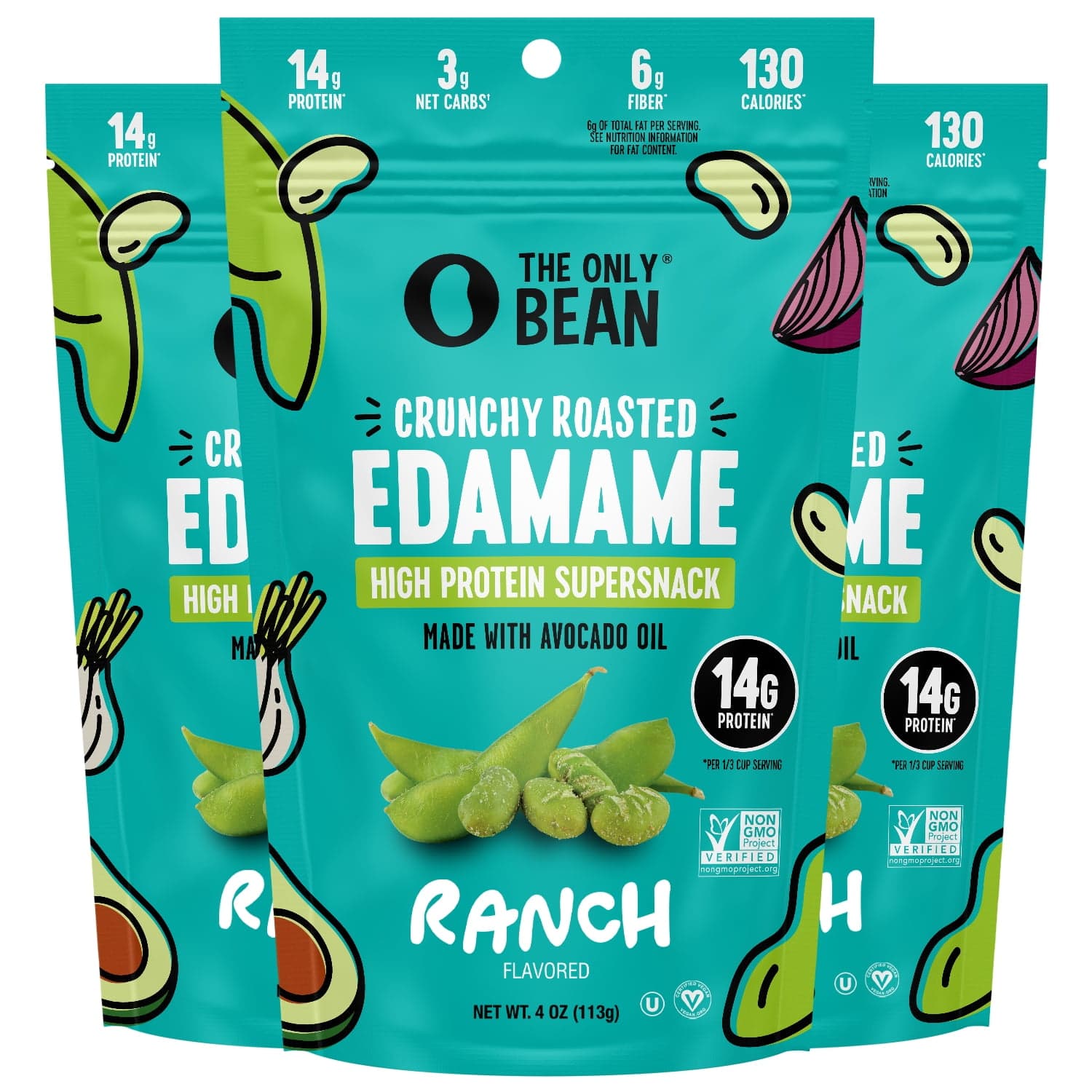 The Only Bean The Only Bean Edamame Dry Roasted Low Carb Snacks (Ranch), Vegan Gluten Free Snacks, Healthy Snacks for Kids and Adults, High Protein Snacks, Keto Snacks, Diabetic Snacks, 4oz Pack of 3 — ITEM_ID 16233612578