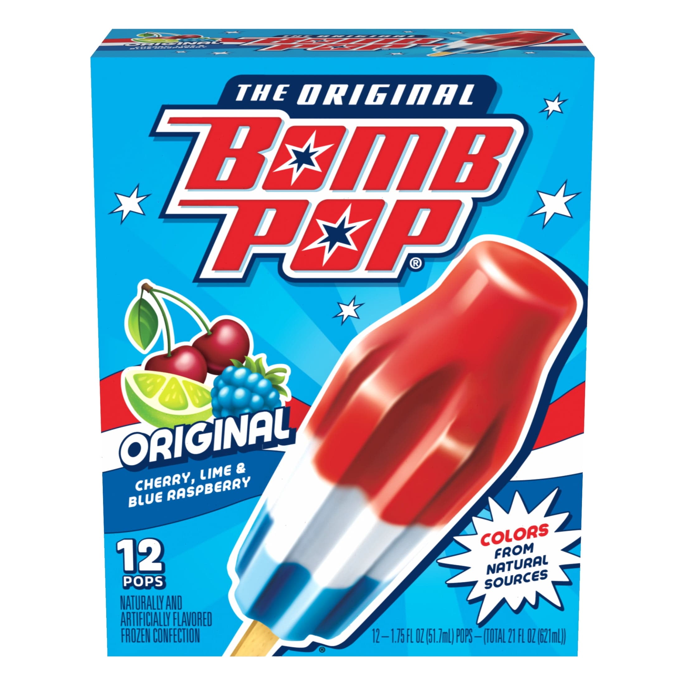 Bomb Pop Bomb Pop Original Freeze Ice Pops, Frozen Dessert, Cherry, Lime, & Blue Raspberry, 12 Pack — ITEM_ID 20925285
