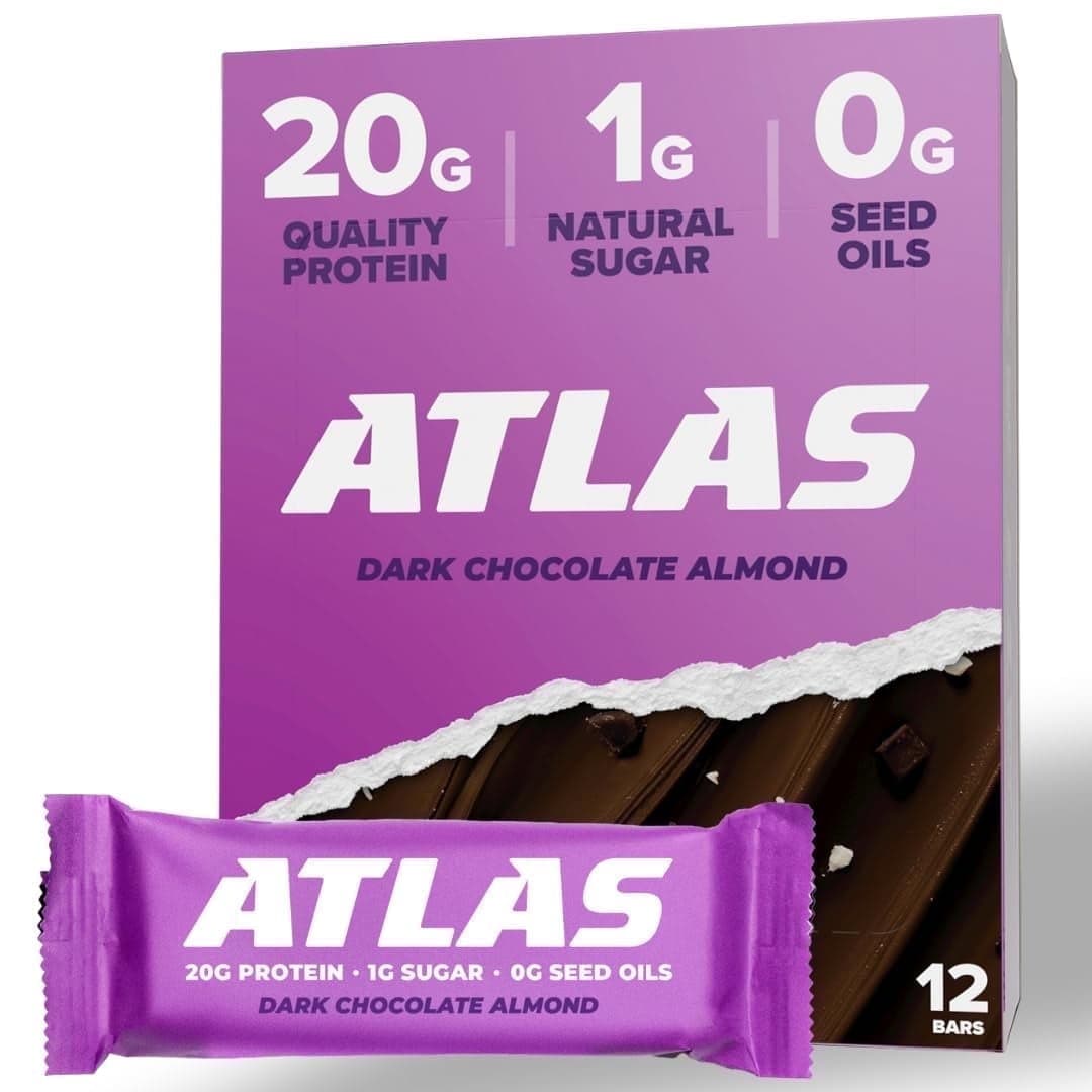 Atlas Protein Bar Atlas Protein Bar, Dark Chocolate Almond, 20g Protein, 1g Sugar, 0g Seed Oil, 12-Pack — UPC 868361000370