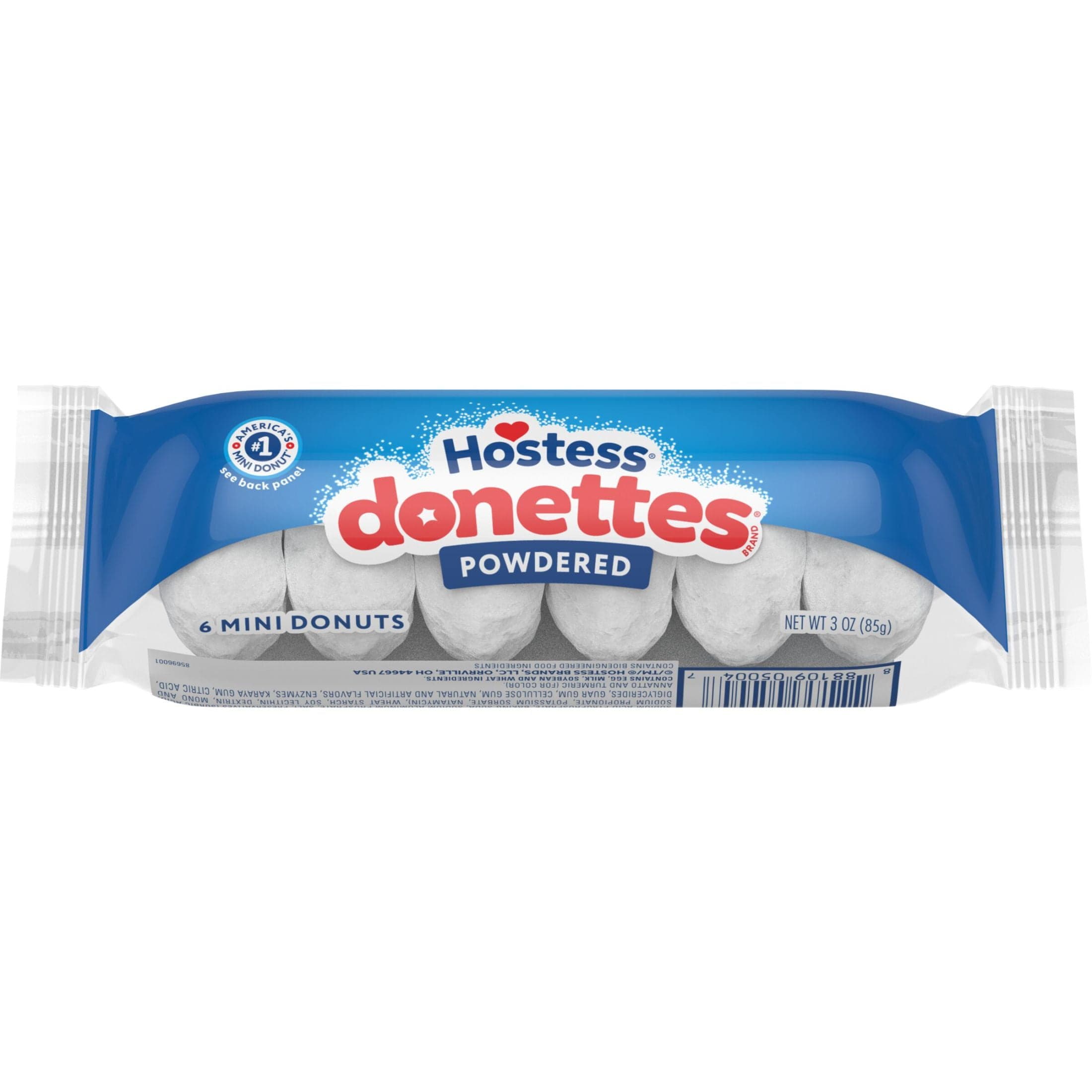 Hostess Hostess Donettes, Powdered Mini Donuts, 3 oz Sleeve (6 Mini Donuts) — UPC 888109050047
