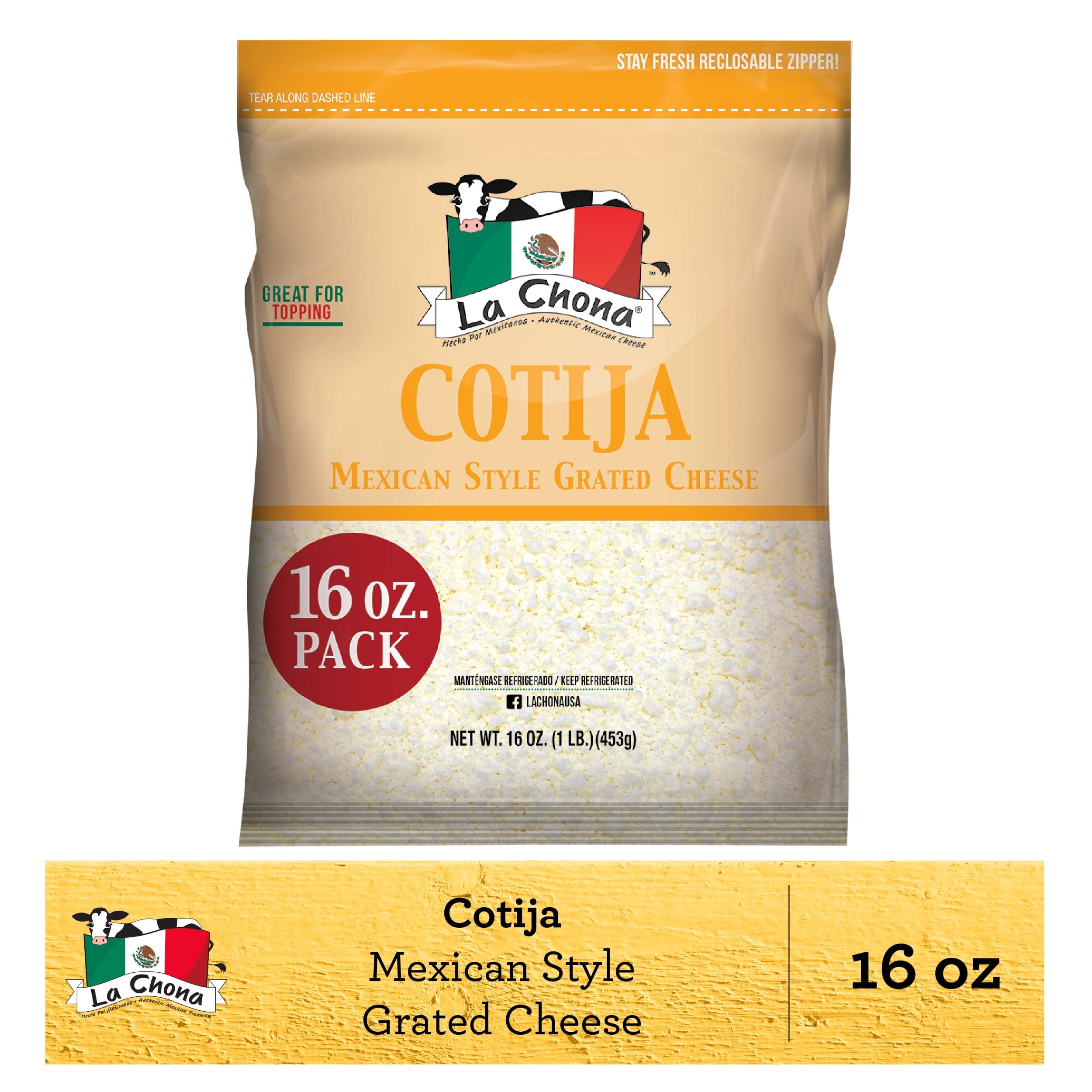 La Chona La Chona Cotija Mexican Style Grated Cheese 16 oz. Bag, Refrigerated. — ITEM_ID 10324691