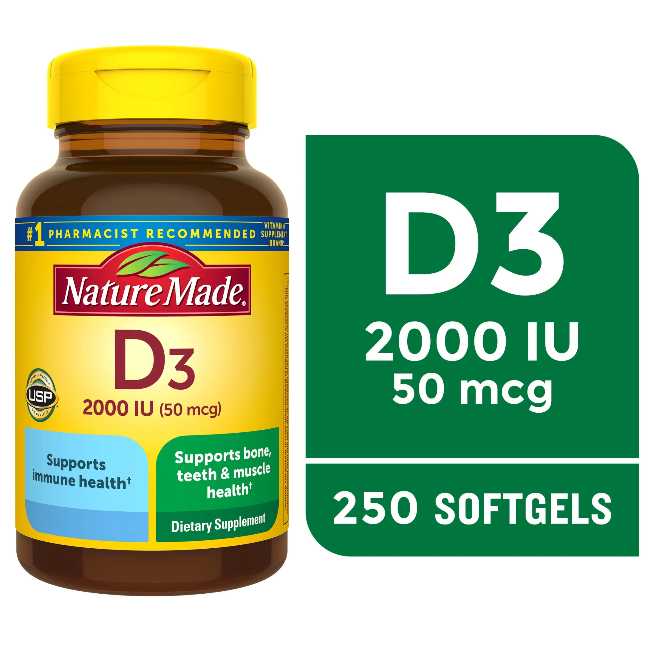 Nature Made Nature Made Vitamin D3 2000 IU (50 mcg) Softgels, Vitamin D Supplement for Bone and Immune Health Support, 250 Count — ITEM_ID 31604026783