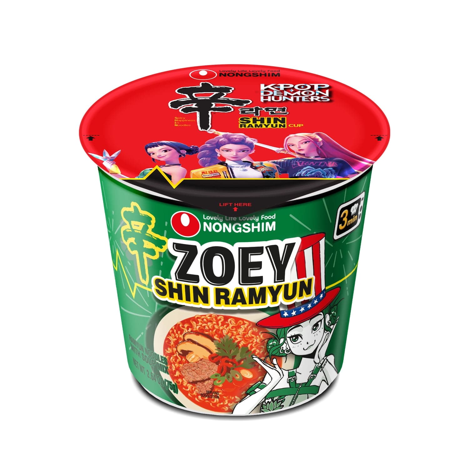Nongshim K-Pop Demon Hunters Zoey Shin Ramyun Spicy Beef Ramen Noodle Soup Cup, 2.64oz X 1 Count, Shelf-Stable — ITEM_ID 18207010444