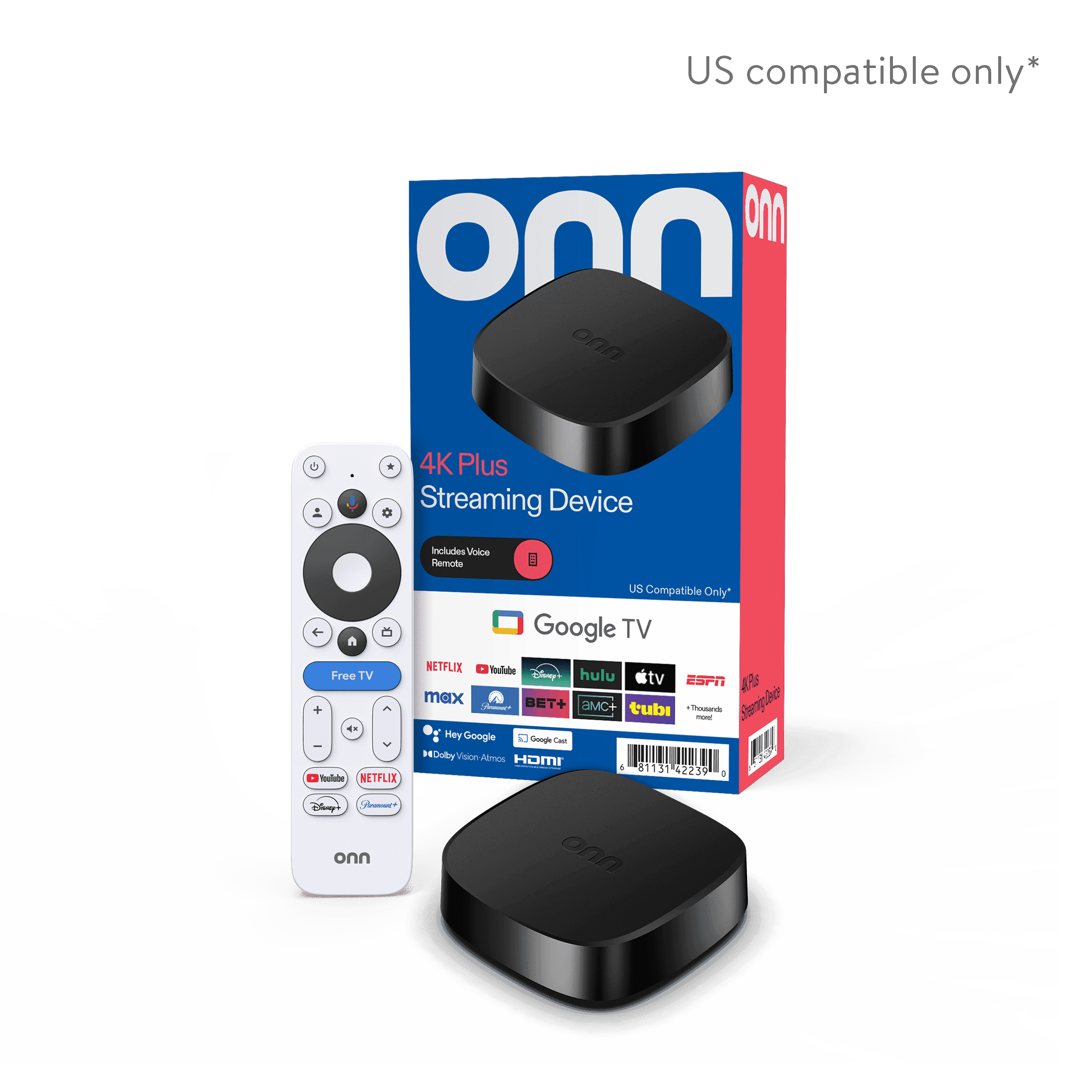 onn 4K Plus Streaming Device, Google TV - Ultra-fast Streaming, Stunning 4K UHD, 16GB Storage, 2GB RAM, Dolby Vision & Atmos, Remote with Voice Control - U.S. Compatible only