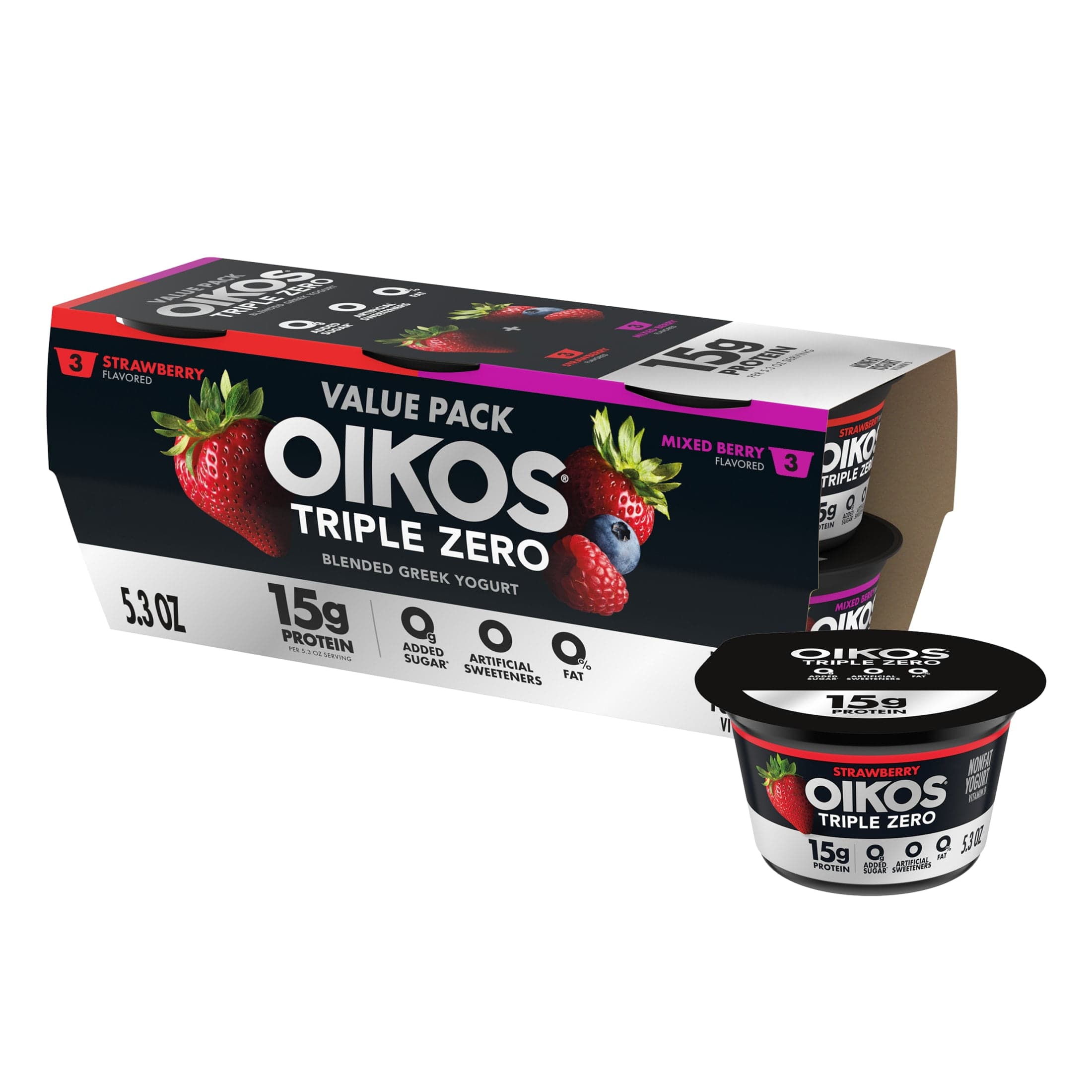 Oikos Oikos Triple Zero Strawberry and Mixed Berry 0g Added Sugar Fat Free Greek Yogurt, 5.3 oz, 6 Count — ITEM_ID 49342252