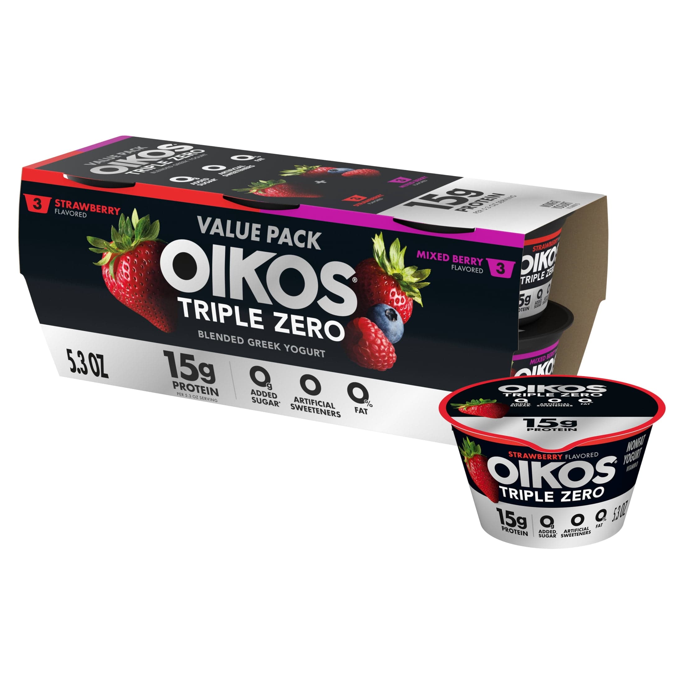 Oikos Oikos Triple Zero 15g ProteinStrawberry and Mixed Berry Greek Yogurt, 90 Calories, 0g Added Sugar and 0 Artificial Sweeteners,NonfatYogurt Pack, Great forOffice Snacks,5.3 ozCups, 6 Count — ITEM_ID 49342252
