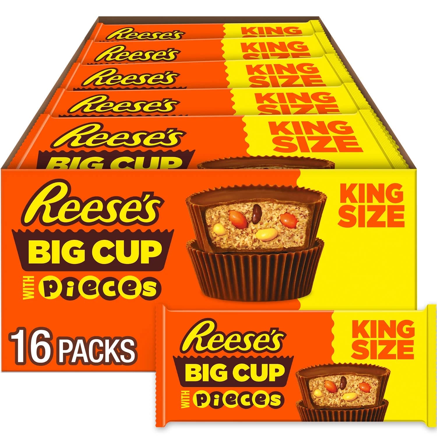 Reese's Reese's Big Cup Stuffed with REESE's PIECES Milk Chocolate King Size Peanut Butter Cups Candy, Packs 2.8 oz, 16 Count — ITEM_ID 34000485017