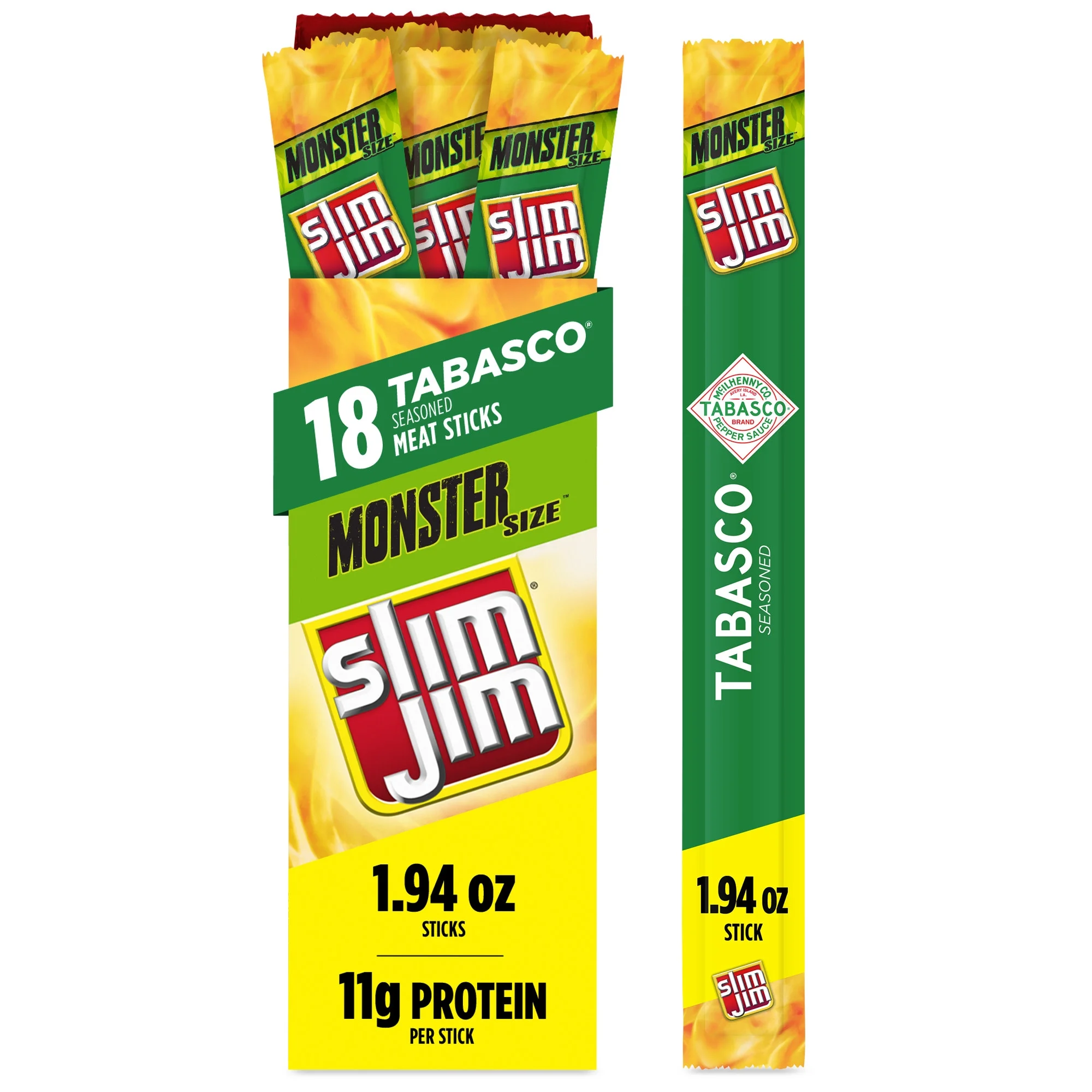 Slim Jim Slim Jim Monster Smoked Jerky Meat Sticks, Tabasco Flavor, 11g Protein Per Stick, 1.94 oz. (18-Count) — ITEM_ID 26200140513