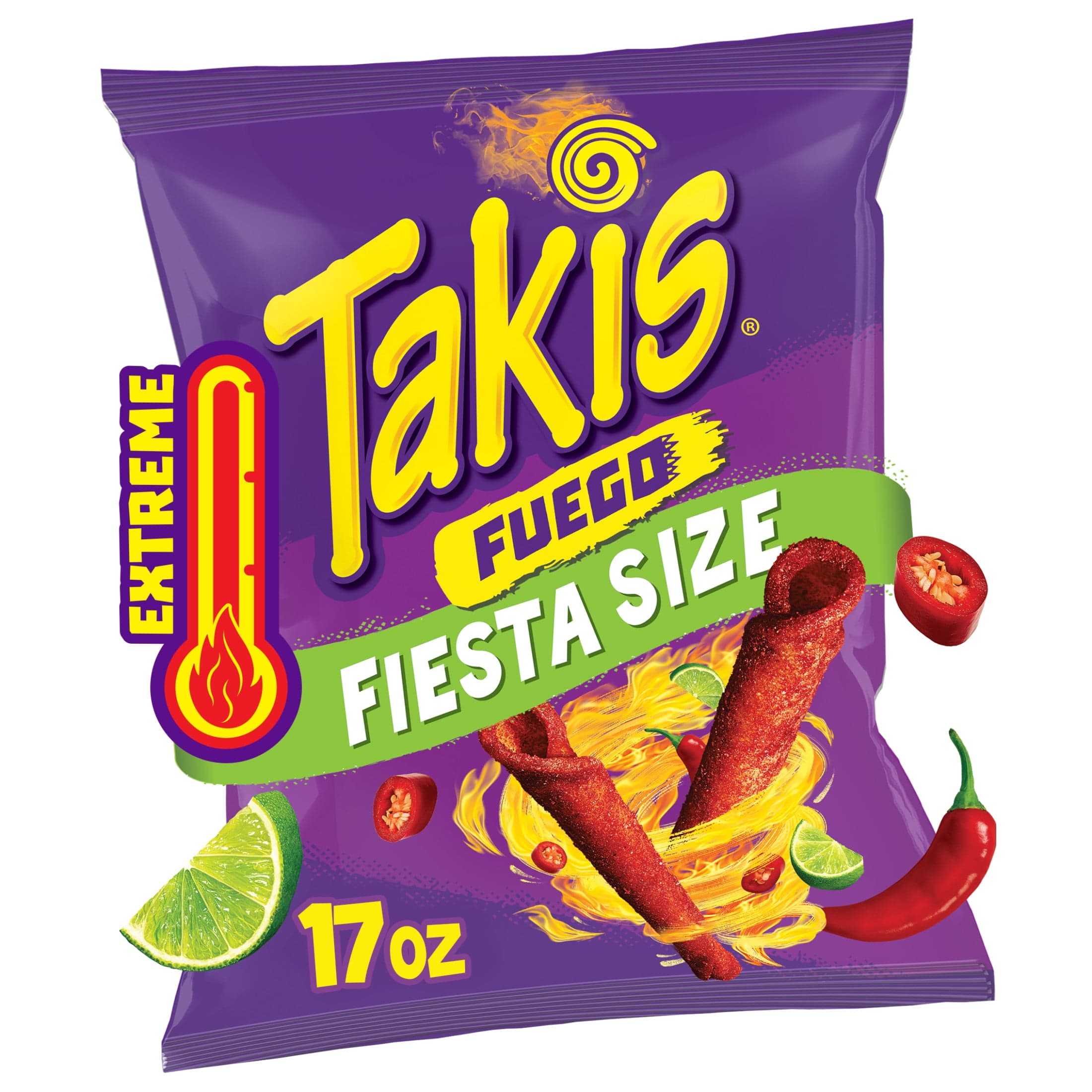 Takis Takis Fuego 17 oz Fiesta Size Bag, Hot Chili Pepper & Lime Rolled Tortilla Chips — ISBN 1183069542