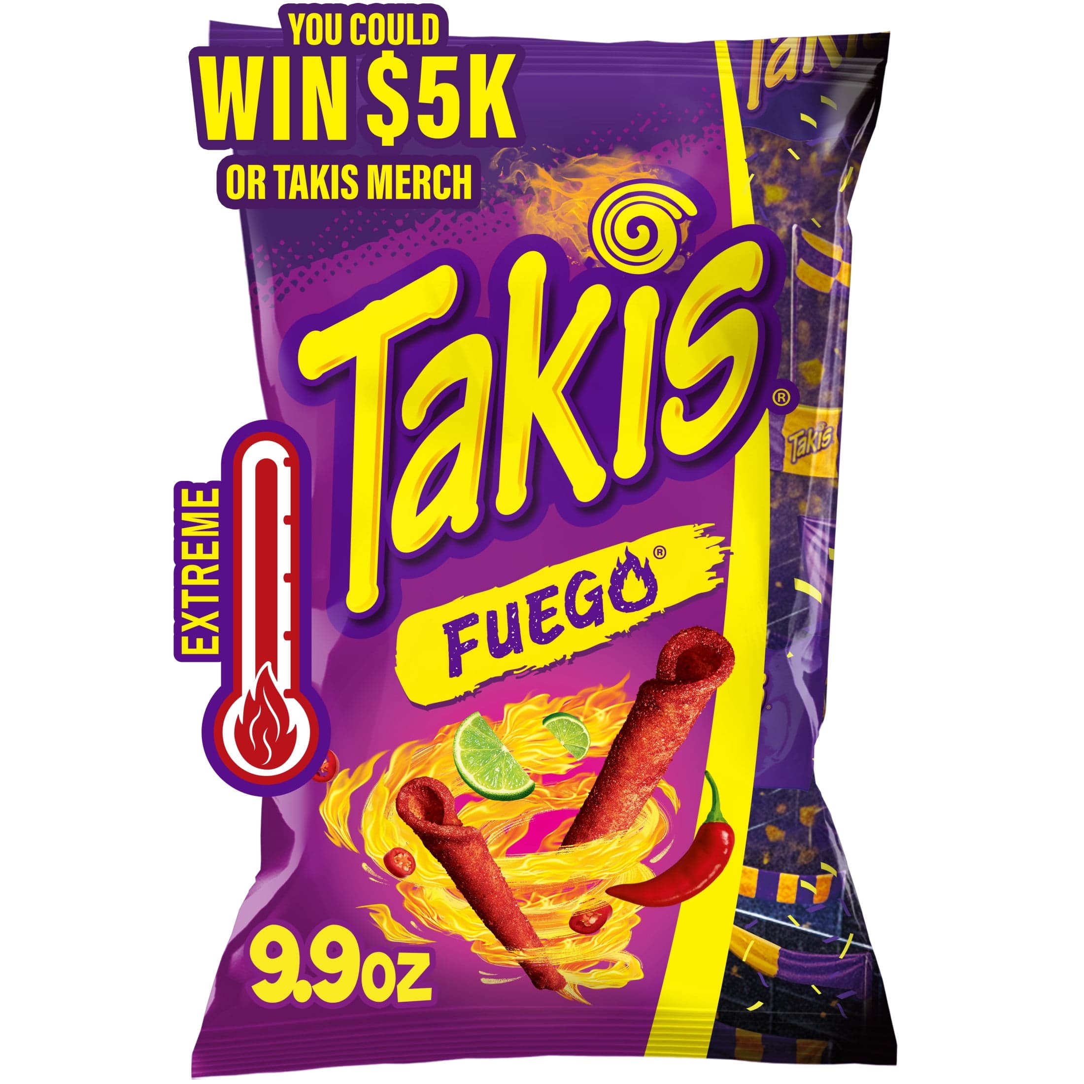 Takis Takis Fuego 9.9 oz Sharing Size Bag, Hot Chili Pepper & Lime Rolled Tortilla Chips — UPC 757528008680