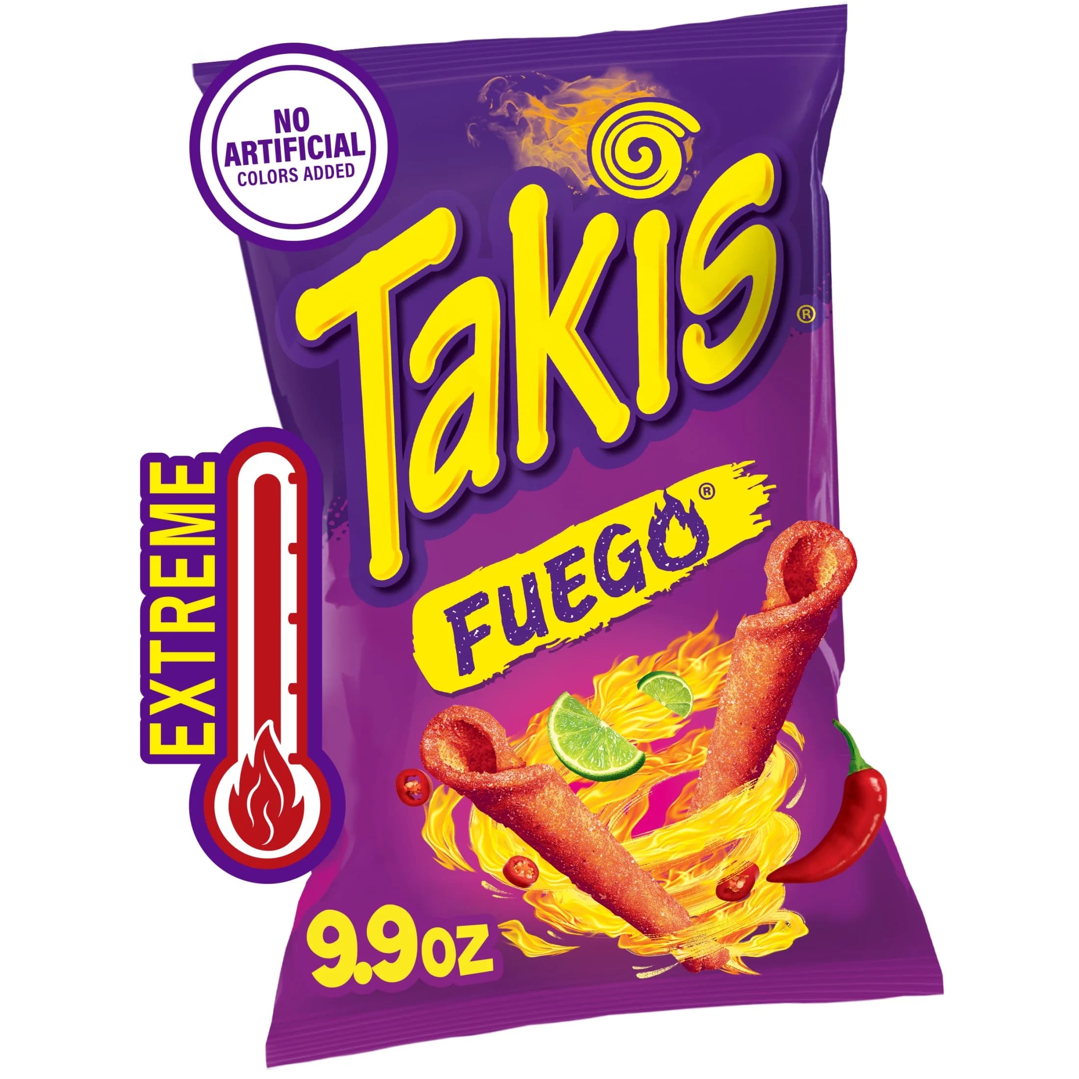 Takis Takis Fuego 9.9 oz Sharing Size Bag, Hot Chili Pepper & Lime Rolled Tortilla Chips — UPC 757528008680