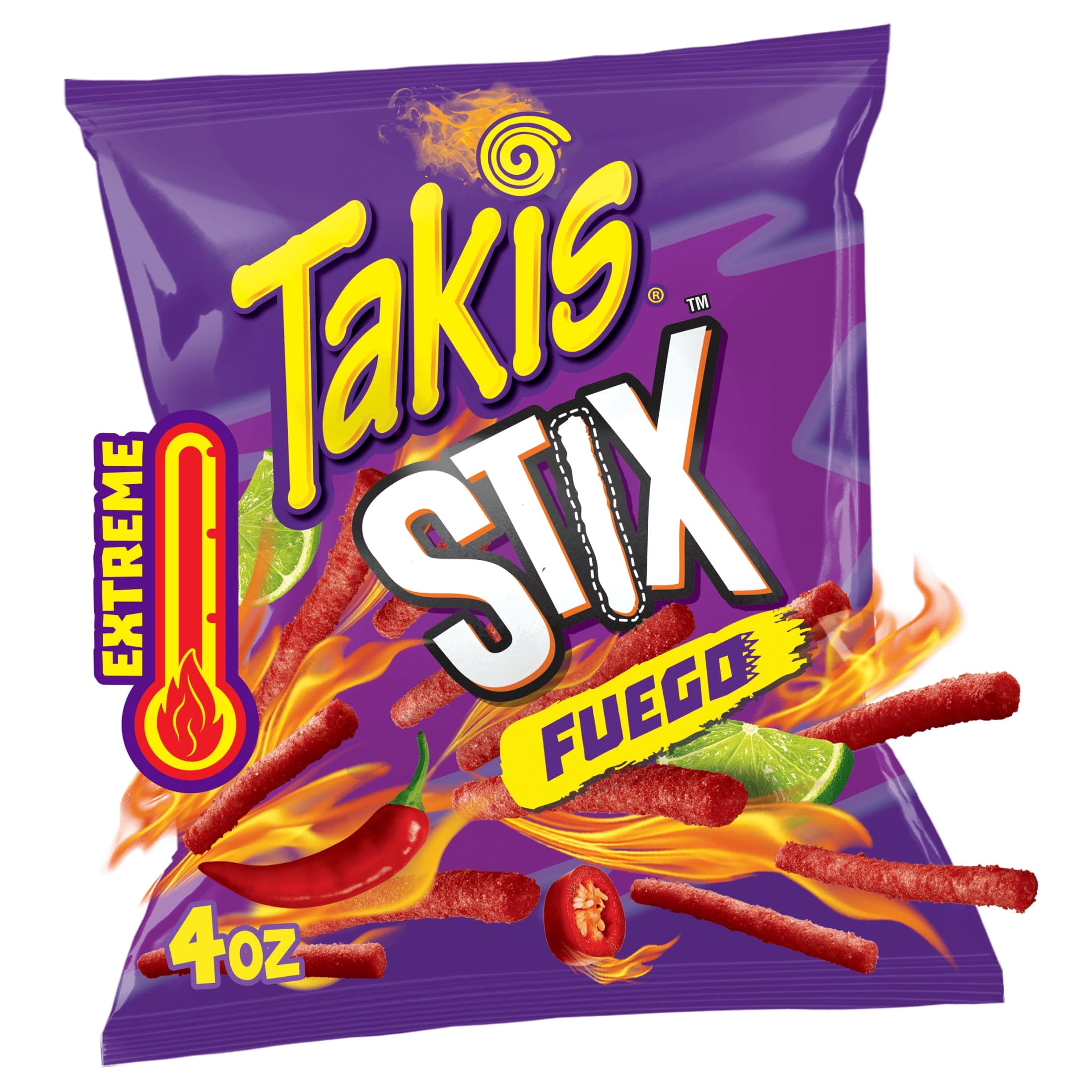 Takis Takis Fuego Stix 4 oz Snack Size Bag, Hot Chili Pepper & Lime Corn Snack Sticks — UPC 757528010607