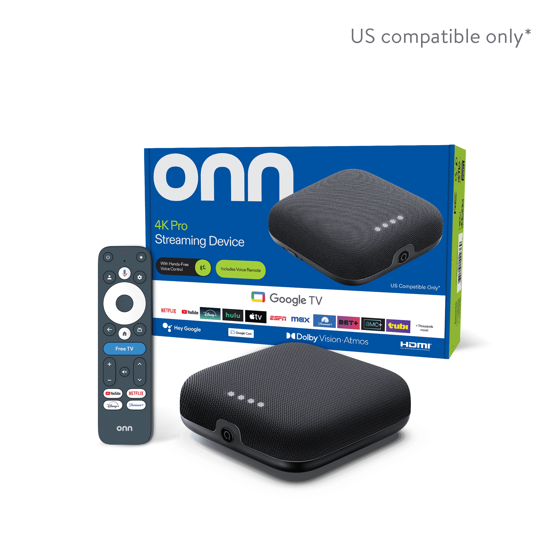 onn 4K Pro Streaming Device, Google TV with Gemini - Ultra-fast Streaming, Stunning 4K UHD, 32GB Storage, 3GB RAM, Dolby Vision & Atmos, Find My Remote with Backlight - U.S. Compatible only